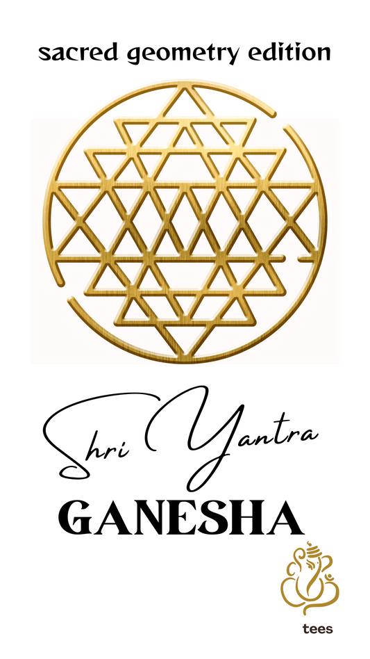 ViNK 'Shri Yantra and Ganesha' unisex Supima cotton graphic t-shirt features the Yantra in radiant gold on the front, symbolizing cosmic harmony, prosperity, and spiritual balance, while the back showcases a minimalist Ganesha symbol in radiant gold, representing the remover of obstacles and new beginnings.