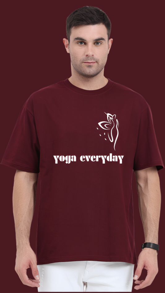 ViNK Wings Oversized Classic Maroon unisex-yoga-everyday-t-shirt - Model showcasing a front view that features a striking winged yogi in a poised standing pose
