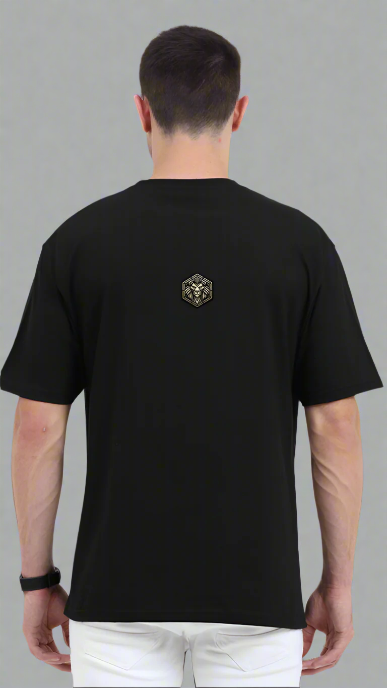 ViNK Yellove Army black Unisex T-Shirt, model in a back view wearing the a alpha club logo