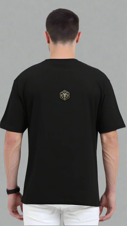 ViNK Yellove Army black Unisex T-Shirt, model in a back view wearing the a alpha club logo