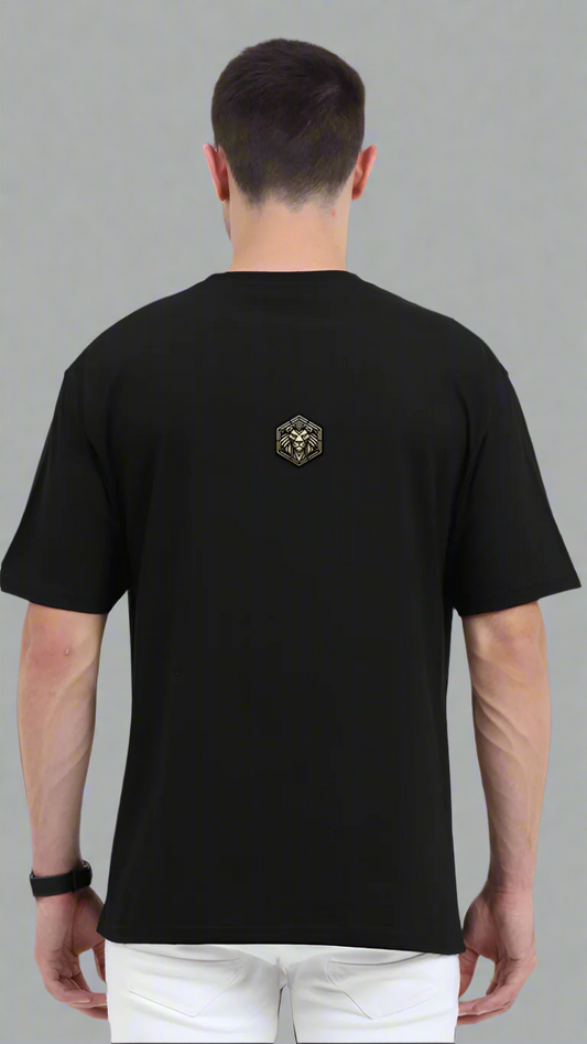 ViNK Yellove Army black Unisex T-Shirt, model in a back view wearing the a alpha club logo