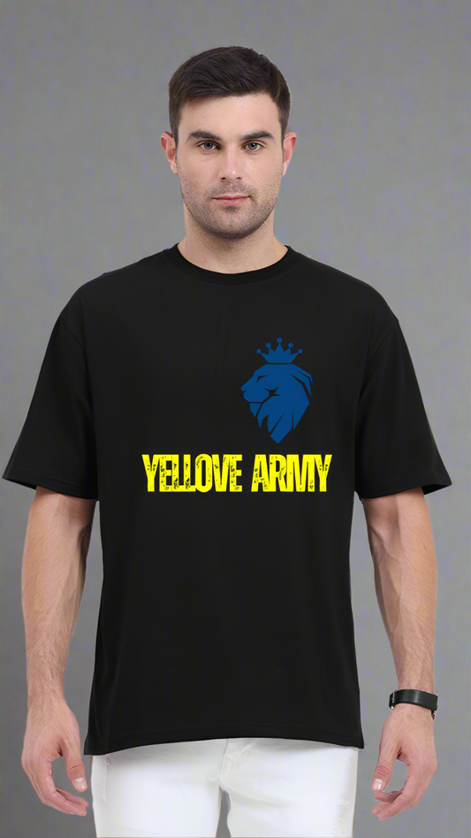 ViNK Yellove Army black Unisex T-Shirt, model in a front view wearing the a lion on his chest with a crown and the tagline of yellove army