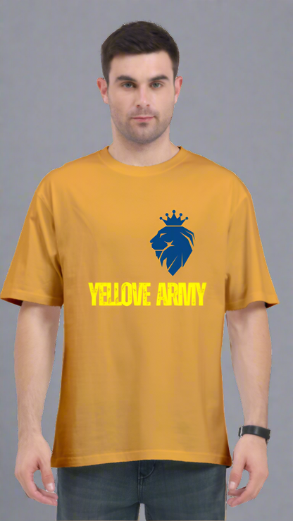 ViNK Yellove Army Golden Yellow Unisex T-Shirt, model in a front view wearing the a lion on his chest with a crown and the tagline of yellove army