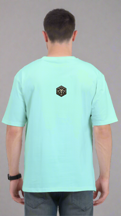 ViNK Yellove Army mint Unisex T-Shirt, model in a back view wearing the a alpha club logo
