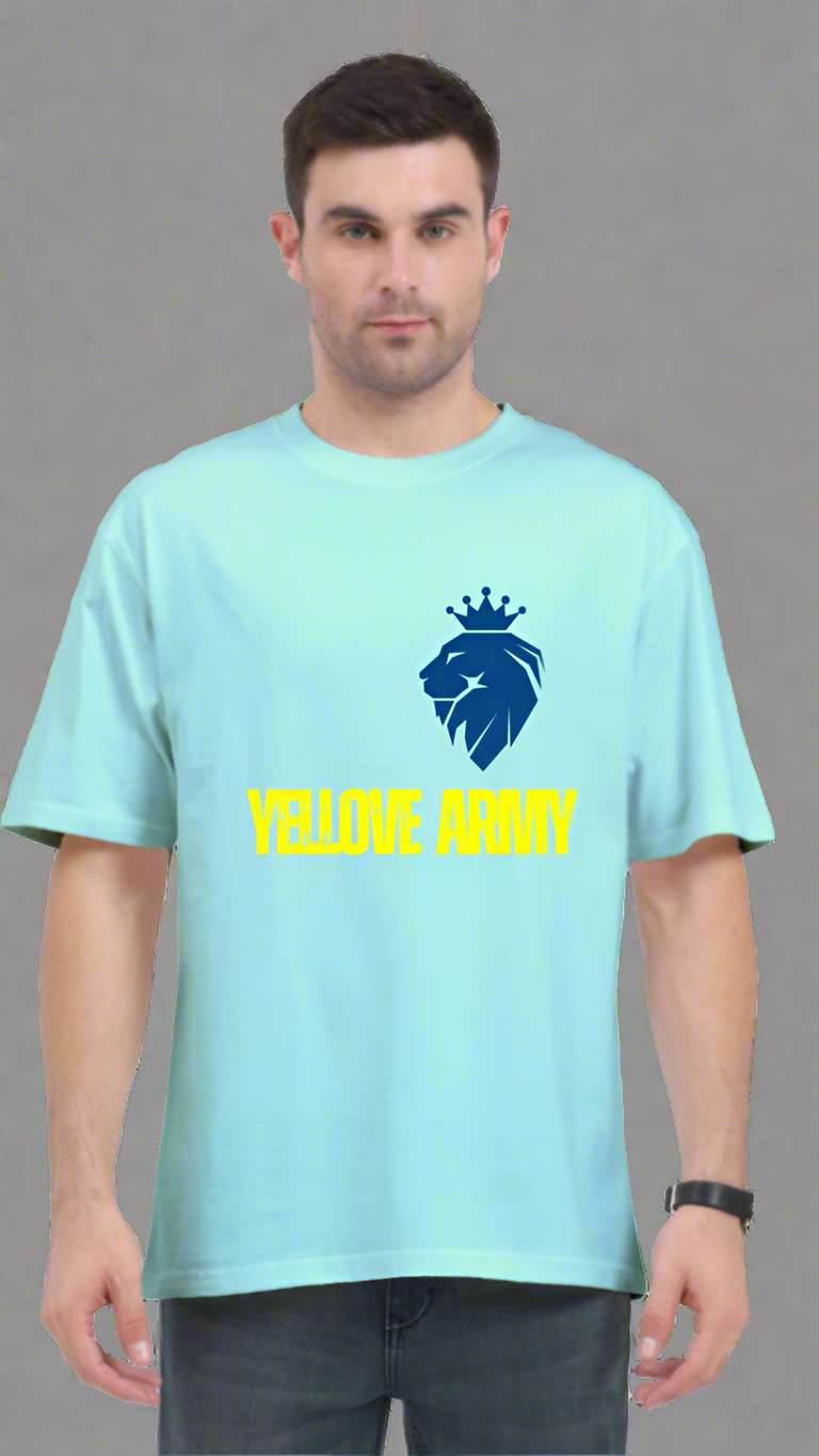 ViNK Yellove Army mint Unisex T-Shirt, model in a front view wearing the a lion on his chest with a crown and the tagline of yellove army