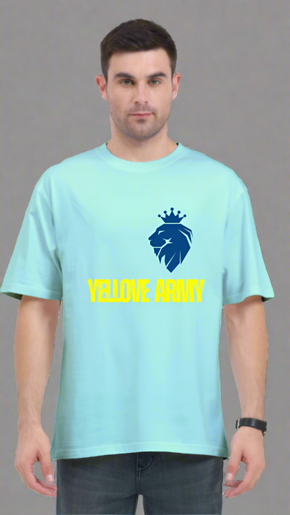 ViNK Yellove Army mint Unisex T-Shirt, model in a front view wearing the a lion on his chest with a crown and the tagline of yellove army