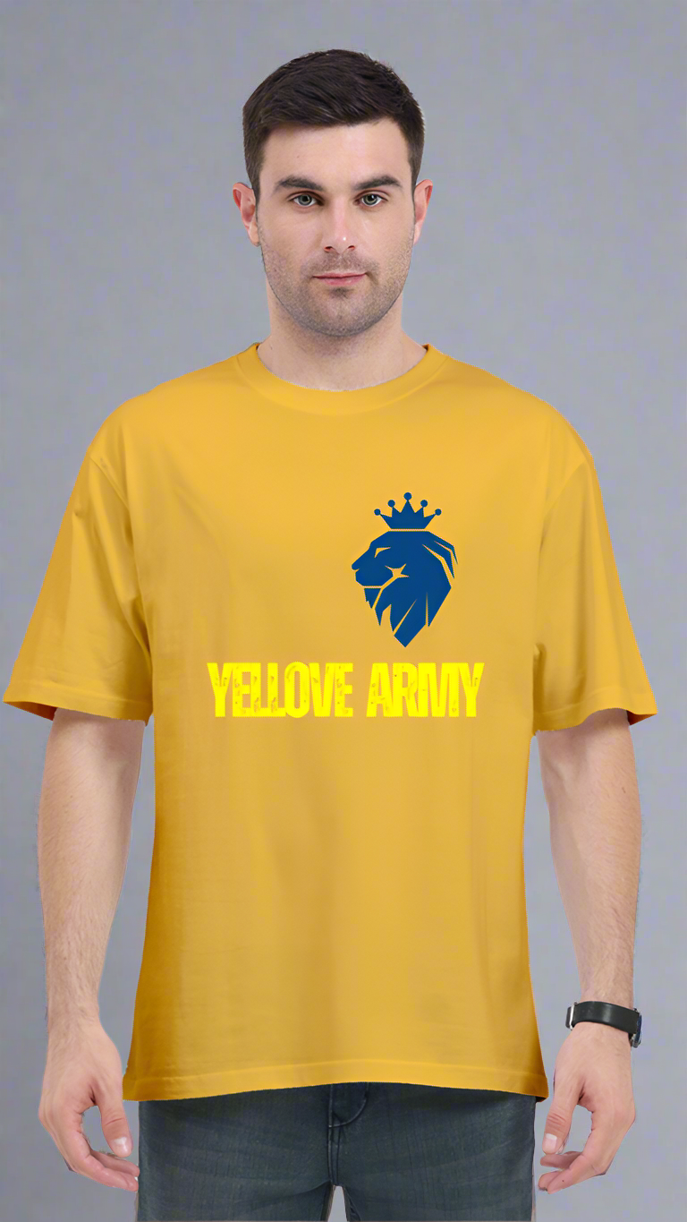 ViNK Yellove Army mustard yellow Unisex T-Shirt, model in a front view wearing the a lion on his chest with a crown and the tagline of yellove army