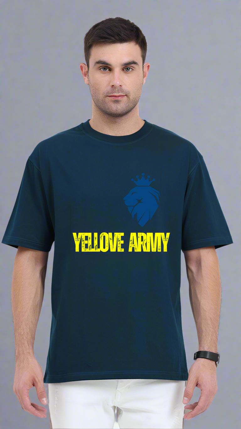 ViNK Yellove Army petrol blue Unisex T-Shirt, model in a front view wearing the a lion on his chest with a crown and the tagline of yellove army