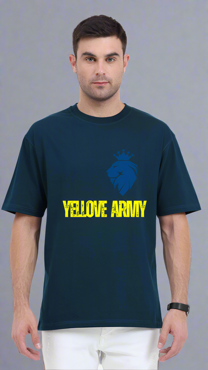 ViNK Yellove Army petrol blue Unisex T-Shirt, model in a front view wearing the a lion on his chest with a crown and the tagline of yellove army