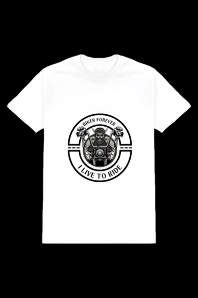 ViNK Biker Forever I Live To Ride Graphic Crewneck T-shirt in white, the front features a bold cruiser-inspired artwork symbolizing freedom and fearless spirit — a customised printed t-shirt built for the modern-day alphas powerlook. Available in sizes S upto 2XL.